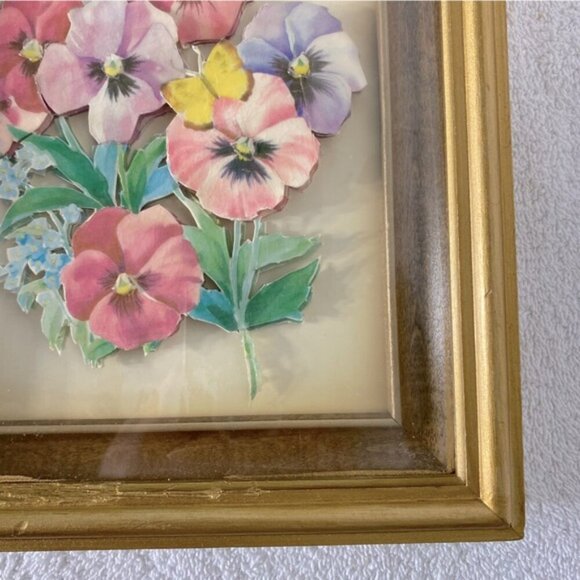 Vintage 1983 Handmade Paper Tole Art Bouquet Of Pansies - Picture 12 of 13